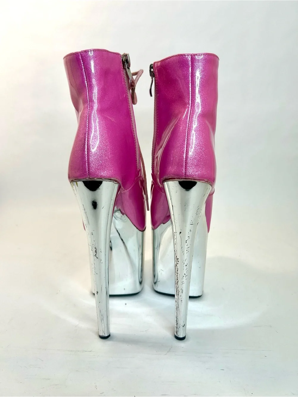 Golden Bulls Pink Glitter Patent Chrome Platform High Heel Ankle Boots size 7.5